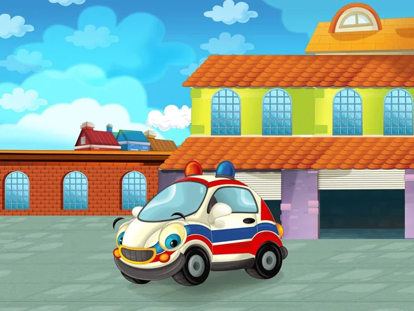 Cartoon ambulance car driving through the city or parking near the garage - illustration for children — ストック写真