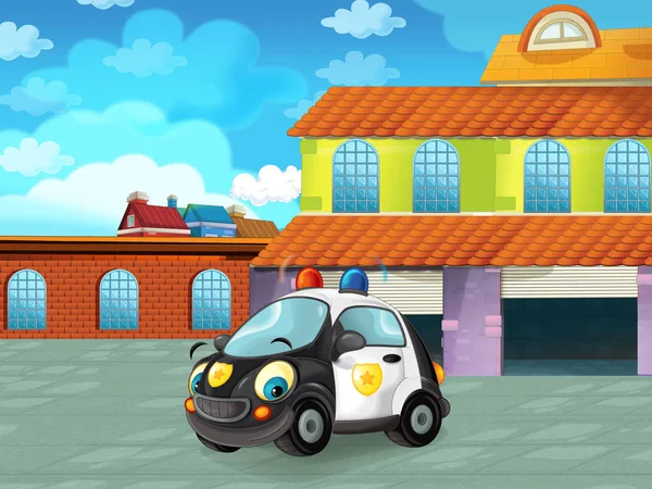 Tecknad polisbil kör genom staden eller parkering nära garaget - illustration för barn — Stockfoto