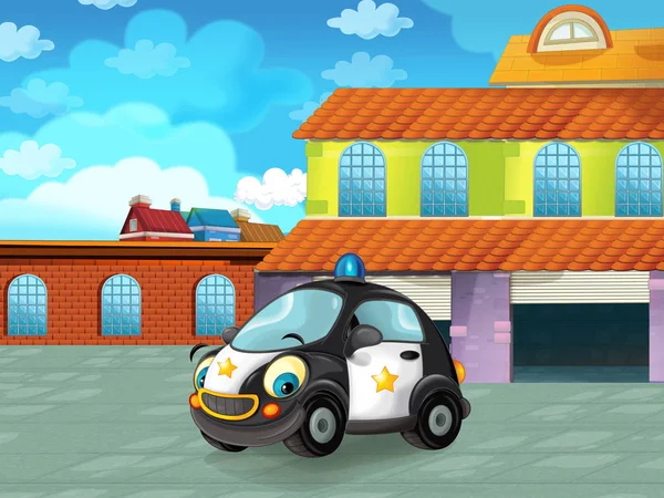 Cartoon police car driving through the city or parking near the garage - illustration for children — Stock Photo, Image