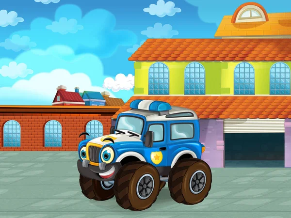 Cartoon-Polizeiauto fährt durch die Stadt oder parkt in der Nähe der Garage - Illustration für Kinder — Stockfoto