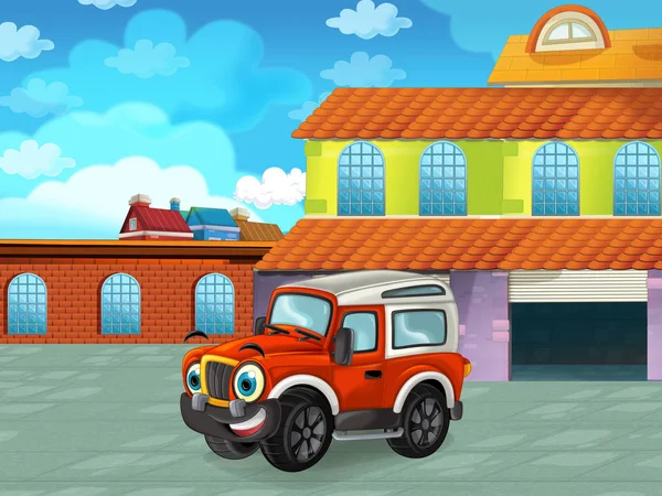 Cartoon scene with car vehicle on the road near the garage or repair station - illustration for children — ストック写真