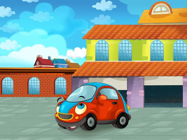 Cartoon auto rijden door de stad of parkeren in de buurt van de garage - illustratie voor kinderen — Stockfoto