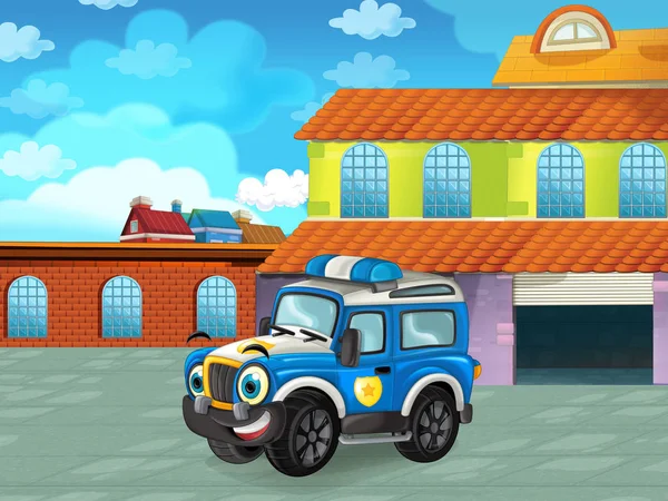 Cartoon-Polizeiauto fährt durch die Stadt oder parkt in der Nähe der Garage - Illustration für Kinder — Stockfoto