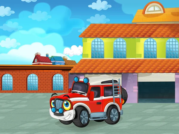 Cartoon scene met auto voertuig op de weg in de buurt van de garage of reparatiepost - illustratie voor kinderen — Stockfoto