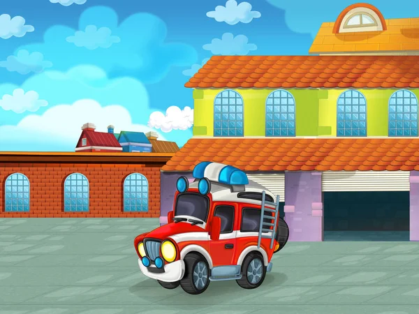 Cartoon scene met auto voertuig op de weg in de buurt van de garage of reparatiepost - illustratie voor kinderen — Stockfoto