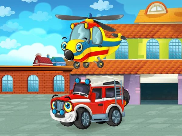 Escena de dibujos animados con vehículo de coche en la carretera cerca del garaje o estación de reparación - ilustración para los niños — Foto de Stock