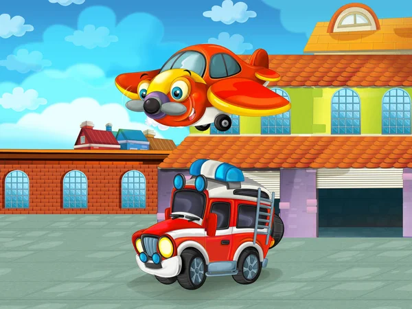 Escena de dibujos animados con vehículo de coche en la carretera cerca del garaje o estación de reparación - ilustración para los niños — Foto de Stock