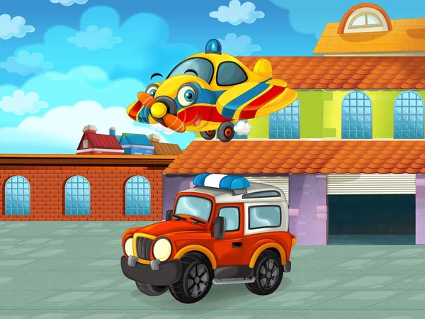 Kreslená scéna s automobilem na silnici u garáže nebo opravny - ilustrace pro děti — Stock fotografie