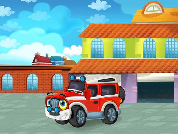 Cartoon scene met auto voertuig op de weg in de buurt van de garage of reparatiepost - illustratie voor kinderen — Stockfoto