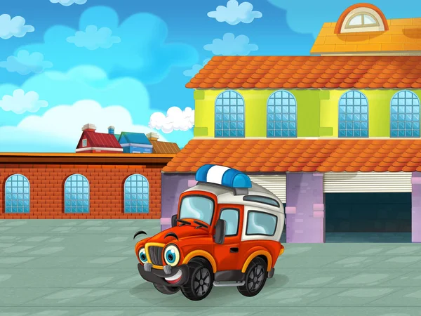 Cartoon scene met auto voertuig op de weg in de buurt van de garage of reparatiepost - illustratie voor kinderen — Stockfoto