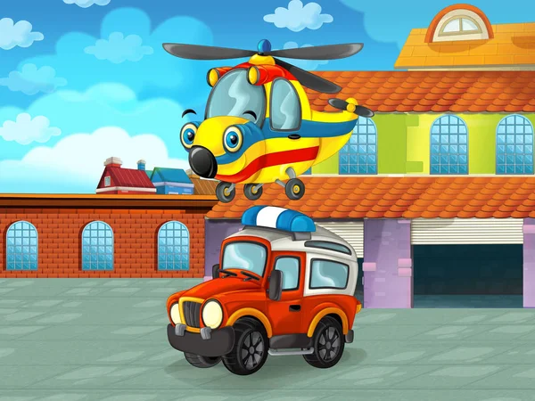 Cartoon scene with car vehicle on the road near the garage or repair station - illustration for children — ストック写真