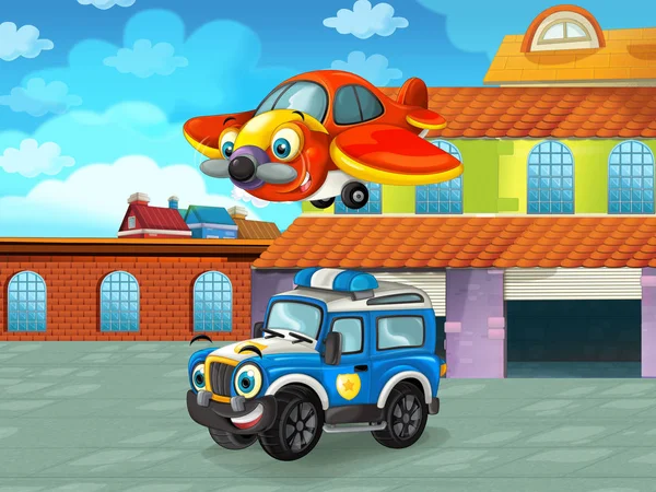 Cartoon scene with car vehicle on the road near the garage or repair station - illustration for children — ストック写真