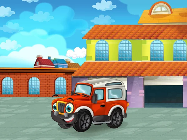 Cartoon scene met auto voertuig op de weg in de buurt van de garage of reparatiepost - illustratie voor kinderen — Stockfoto