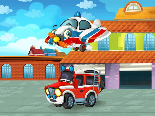 Cartoon scene with car vehicle on the road near the garage or repair station - illustration for children — Stock Photo, Image