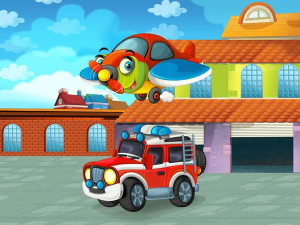 Zeichentrickszene mit Auto auf der Straße in der Nähe der Garage oder Reparaturstation - Illustration für Kinder — Stockfoto