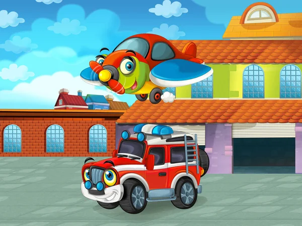 Cartoon scene with car vehicle on the road near the garage or repair station - illustration for children — ストック写真