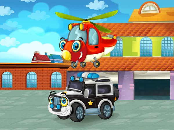 cartoon scene with car vehicle on the road near the garage or repair station - illustration for children