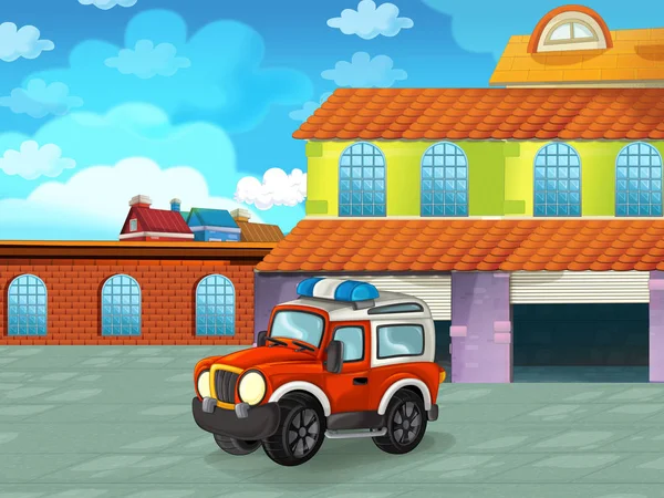 Cartoon scene with car vehicle on the road near the garage or repair station - illustration for children — ストック写真