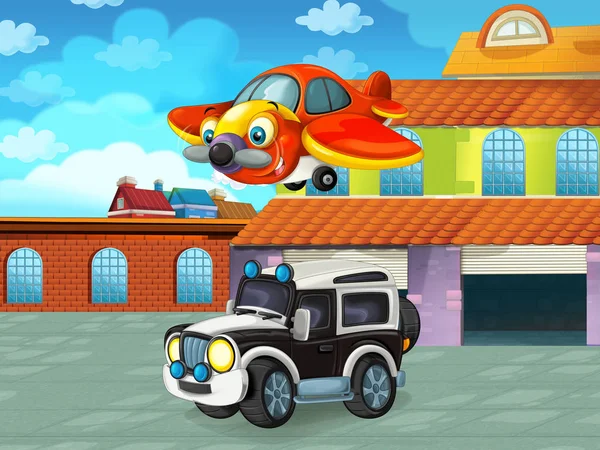 Cena dos desenhos animados com veículo de carro na estrada perto da garagem ou estação de reparação - ilustração para crianças — Fotografia de Stock