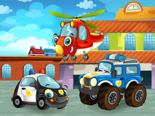 Scena z kreskówek z samochodem na drodze w pobliżu garażu lub stacji naprawczej i helikoptera latanie - ilustracja dla dzieci — Zdjęcie stockowe