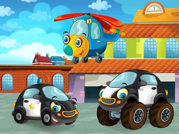 Cartoon scene with car vehicle on the road near the garage or repair station and helicopter flying - illustration for children — ストック写真