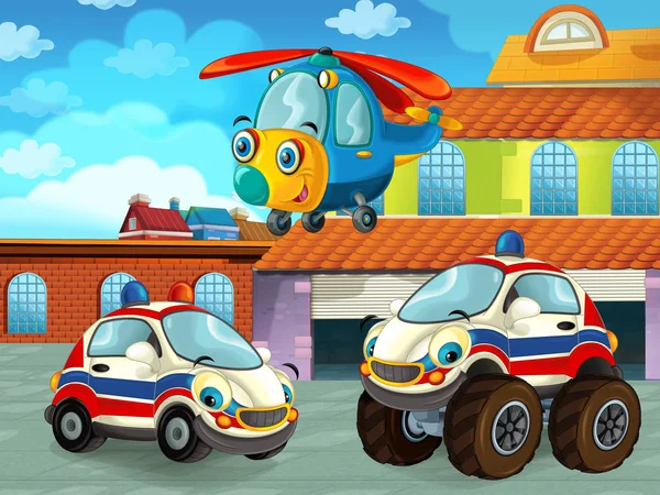 Cartoon scene with car vehicle on the road near the garage or repair station and helicopter flying - illustration for children — ストック写真