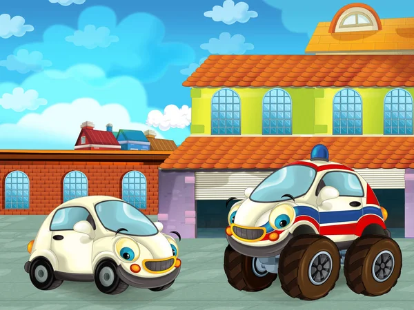 Escena de dibujos animados con vehículo de coche en la carretera cerca del garaje o estación de reparación - ilustración para los niños —  Fotos de Stock
