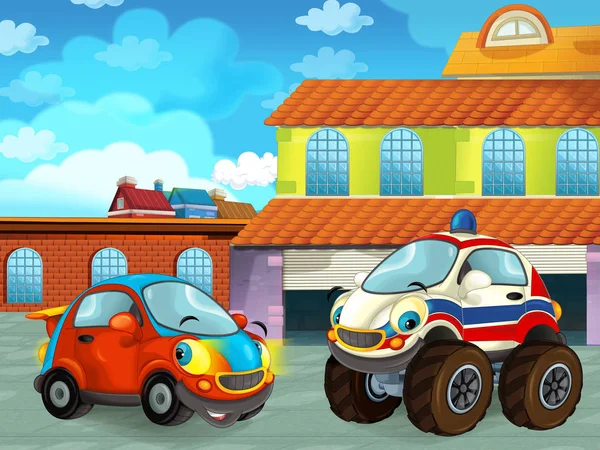 Scena z kreskówek z samochodem na drodze w pobliżu garażu lub stacji naprawczej - ilustracja dla dzieci — Zdjęcie stockowe