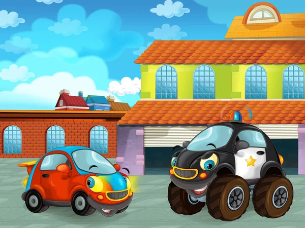 Cartoon scene with car vehicle on the road near the garage or repair station - illustration for children — ストック写真