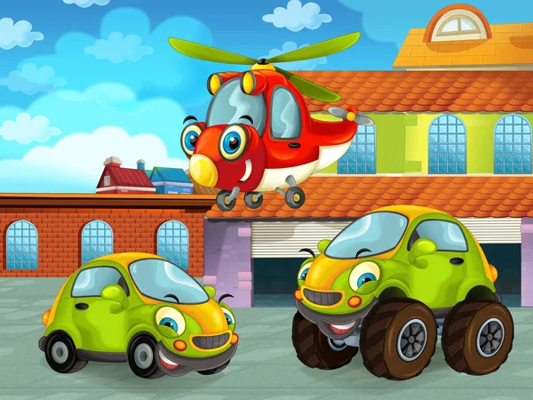 Scena z kreskówek z samochodem na drodze w pobliżu garażu lub stacji naprawczej i helikoptera latanie - ilustracja dla dzieci — Zdjęcie stockowe