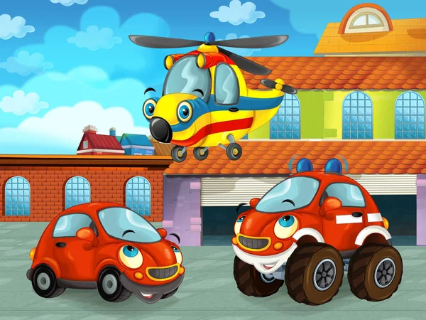 Cartoon scene with car vehicle on the road near the garage or repair station and helicopter flying - illustration for children — ストック写真