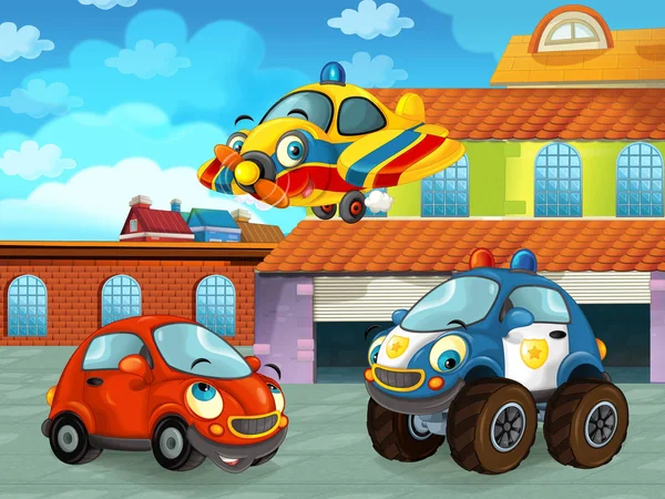 Cartoon scene with plane vehicle on the road near the garage or repair station and plane flying - illustration for children — Stock Photo, Image