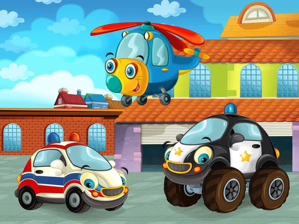 Cartoon scene with car vehicle on the road near the garage or repair station and helicopter flying - illustration for children — ストック写真