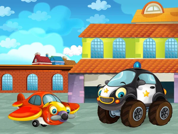 Cartoon scene with car vehicle on the road near the garage or repair station - illustration for children — ストック写真