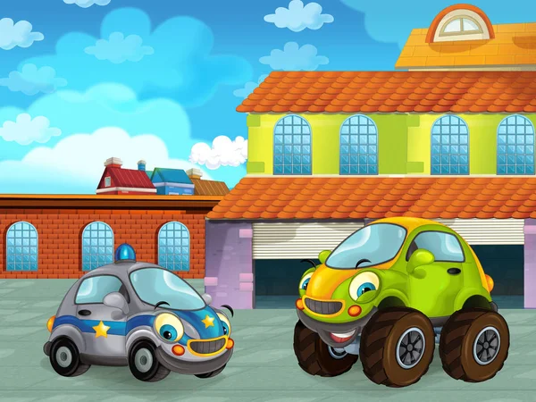 Kreslená scéna s automobilem na silnici u garáže nebo opravny - ilustrace pro děti — Stock fotografie
