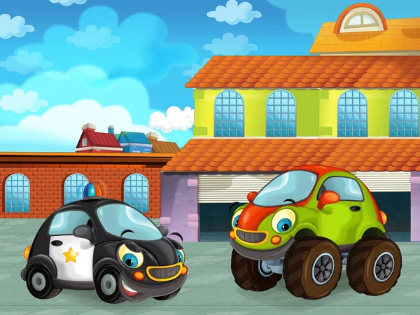 Σκηνή κινουμένων σχεδίων με αυτοκίνητο όχημα στο δρόμο κοντά στο γκαράζ ή το σταθμό επισκευής - εικόνα για τα παιδιά — Φωτογραφία Αρχείου