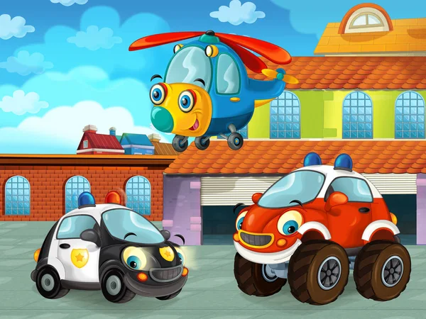 Scena del cartone animato con veicolo per auto sulla strada vicino al garage o alla stazione di riparazione e volo in elicottero - illustrazione per bambini — Foto Stock