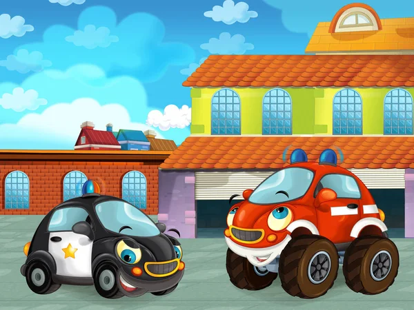Scena del cartone animato con veicolo per auto sulla strada vicino al garage o alla stazione di riparazione - illustrazione per bambini — Foto Stock