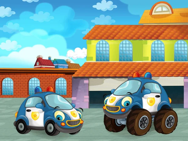 Cartoon scene with car vehicle on the road near the garage or repair station - illustration for children — ストック写真