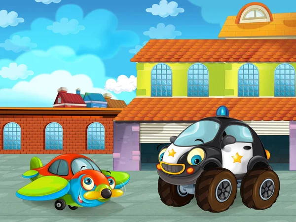 Scena del cartone animato con veicolo per auto sulla strada vicino al garage o alla stazione di riparazione - illustrazione per bambini — Foto Stock