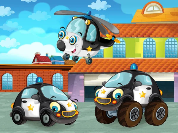 Escena de dibujos animados con vehículo de coche en la carretera cerca del garaje o estación de reparación y helicóptero volando - ilustración para los niños — Foto de Stock