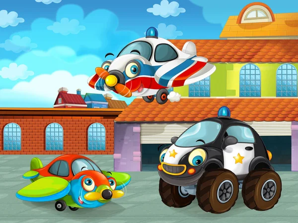 Cena dos desenhos animados com veículo de carro na estrada perto da garagem ou estação de reparação e avião voando - ilustração para crianças — Fotografia de Stock
