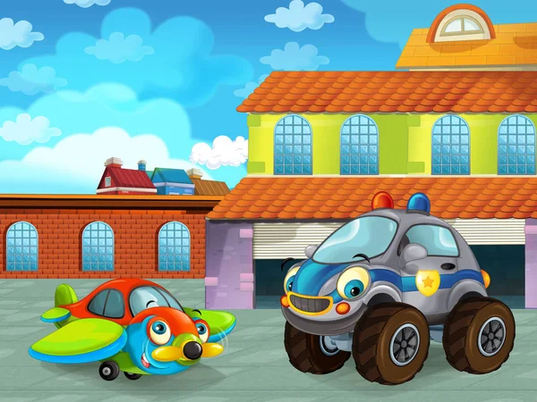 Zeichentrickszene mit Auto auf der Straße in der Nähe der Garage oder Reparaturstation - Illustration für Kinder — Stockfoto