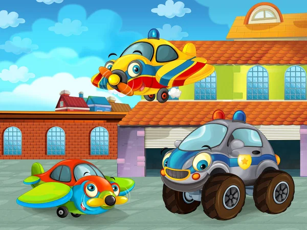 Cena dos desenhos animados com veículo de carro na estrada perto da garagem ou estação de reparação e avião voando - ilustração para crianças — Fotografia de Stock