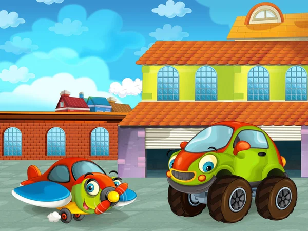 Cartoon scene with car vehicle on the road near the garage or repair station - illustration for children — Stock Photo, Image