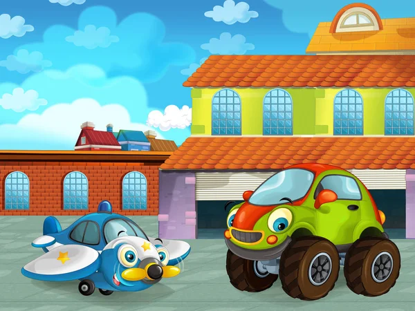 Cartoon scene with car vehicle on the road near the garage or repair station - illustration for children — ストック写真