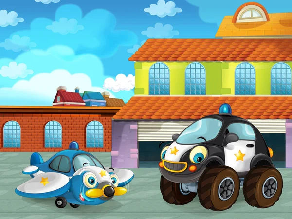 Cena dos desenhos animados com veículo de carro na estrada perto da garagem ou estação de reparação e avião - ilustração para crianças — Fotografia de Stock