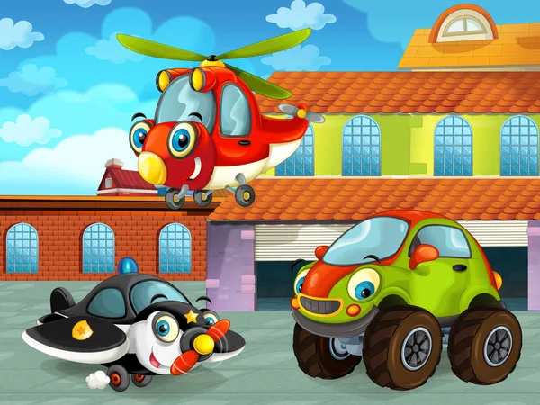 Scena z kreskówek z samochodem na drodze w pobliżu garażu lub stacji naprawczej i samolotu - ilustracja dla dzieci — Zdjęcie stockowe