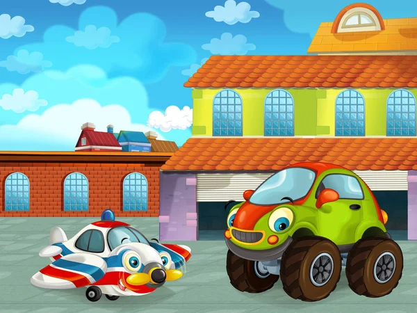 Scena del cartone animato con veicolo per auto sulla strada vicino al garage o alla stazione di riparazione e aereo - illustrazione per bambini — Foto Stock