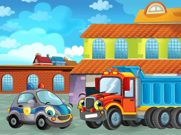 Cartoon scene with car vehicle on the road near the garage or repair station - illustration for children — Stock Photo, Image